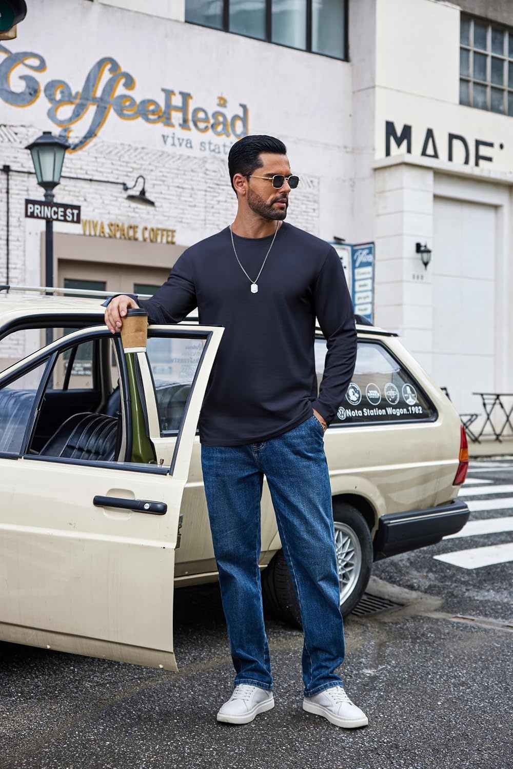 image:imageCOOFANDY Mens Long Sleeve Shirts Crew Neck Cotton TShirt Casual ShirtsNavy