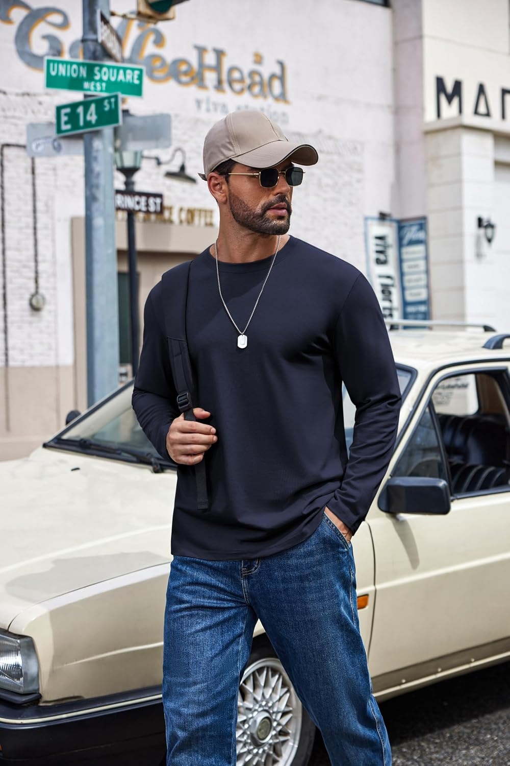 image:imageCOOFANDY Mens Long Sleeve Shirts Crew Neck Cotton TShirt Casual ShirtsNavy