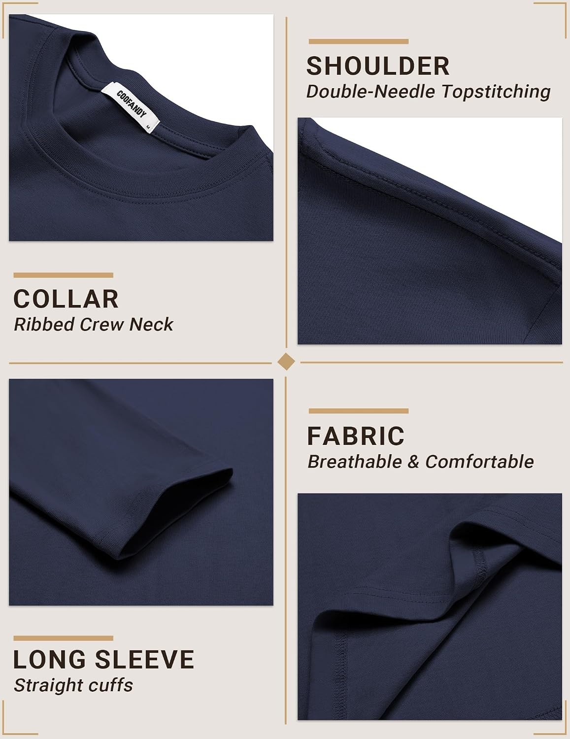 image:imageCOOFANDY Mens Long Sleeve Shirts Crew Neck Cotton TShirt Casual ShirtsNavy