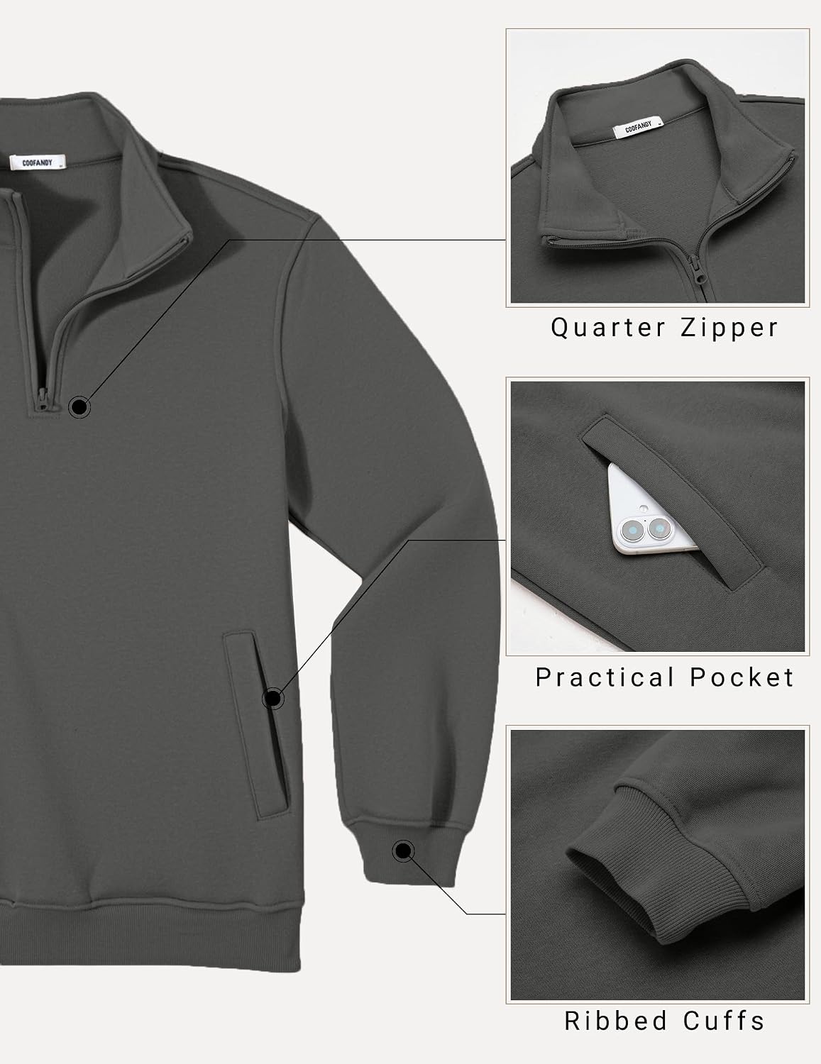 image:imageCOOFANDY Mens Quarter Zip Pullover Casual Cotton FleeceLined SweatshirtDrak Grey