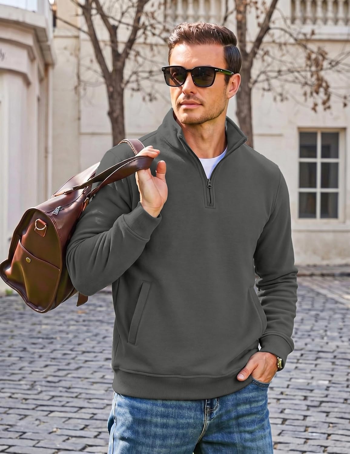 image:imageCOOFANDY Mens Quarter Zip Pullover Casual Cotton FleeceLined SweatshirtDrak Grey