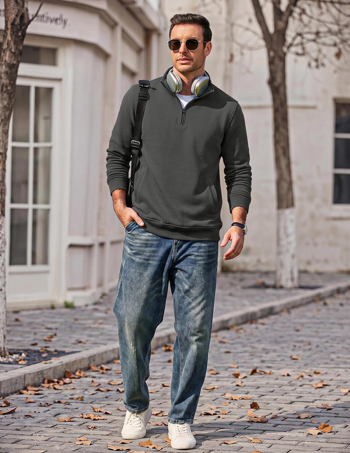 image:imageCOOFANDY Mens Quarter Zip Pullover Casual Cotton FleeceLined SweatshirtDrak Grey