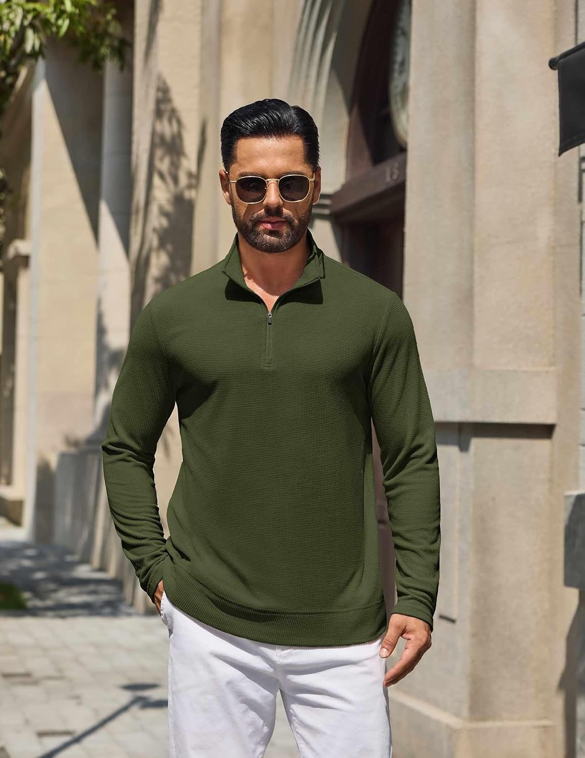 image:imageCOOFANDY Mens Quarter Zip Pullover Lightweight Waffle Mock Neck SweatshirtsArmy Green