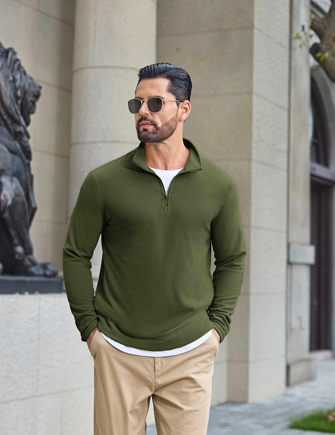 image:imageCOOFANDY Mens Quarter Zip Pullover Lightweight Waffle Mock Neck SweatshirtsArmy Green