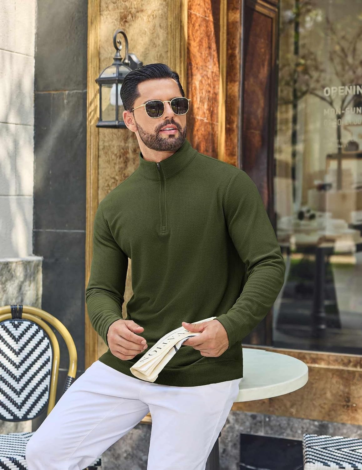 image:imageCOOFANDY Mens Quarter Zip Pullover Lightweight Waffle Mock Neck SweatshirtsArmy Green