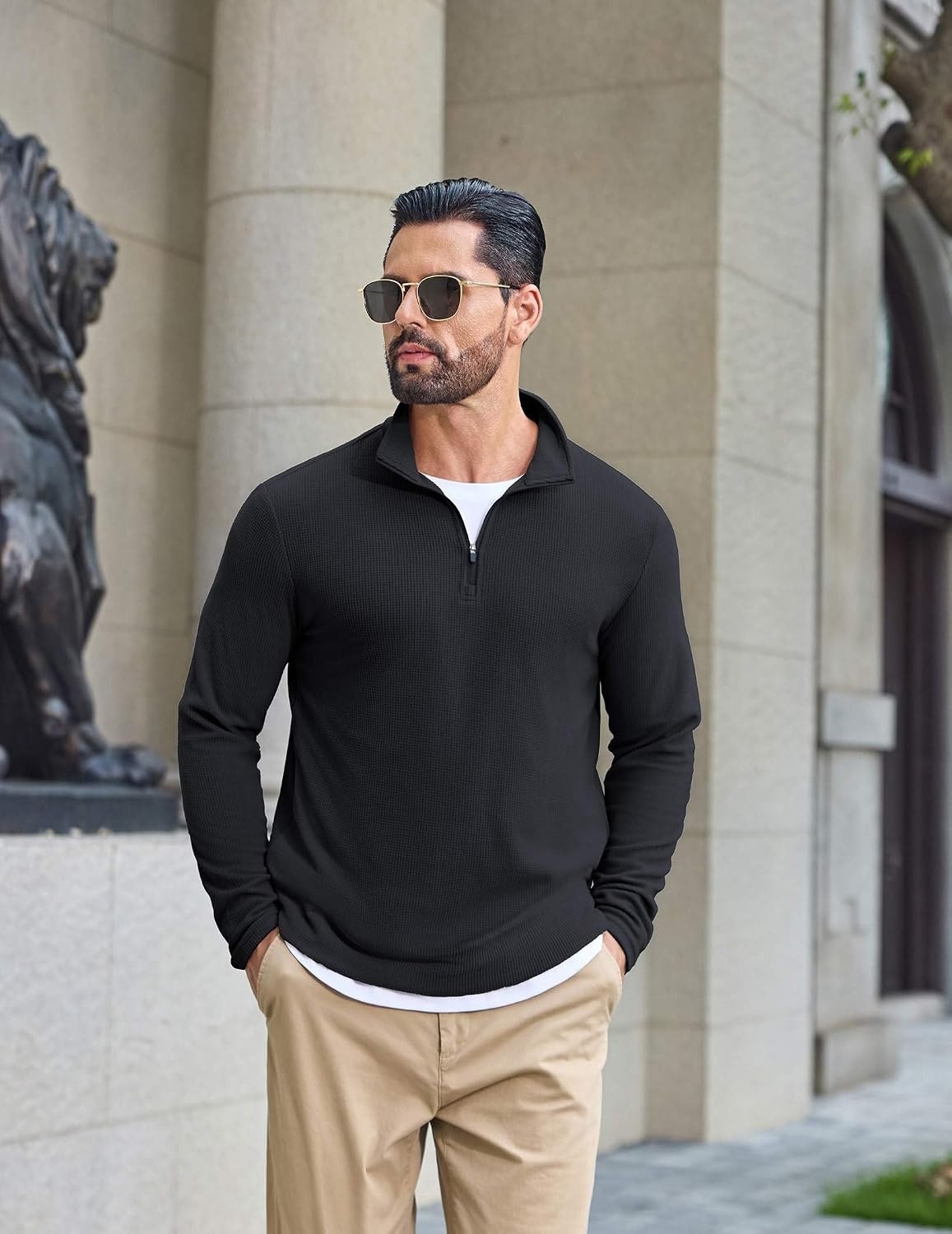 image:imageCOOFANDY Mens Quarter Zip Pullover Lightweight Waffle Mock Neck SweatshirtsBlack