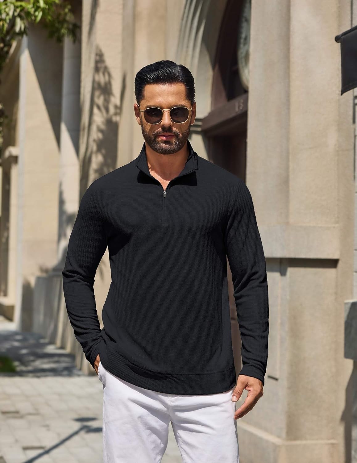 image:imageCOOFANDY Mens Quarter Zip Pullover Lightweight Waffle Mock Neck SweatshirtsBlack