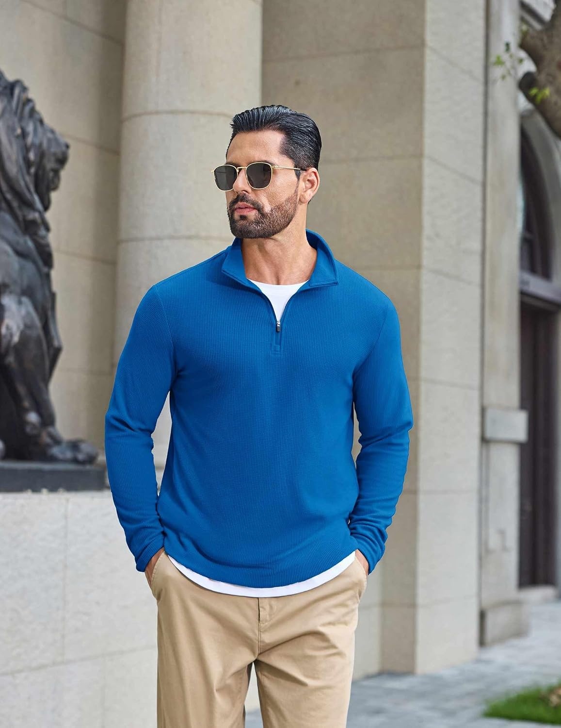 image:imageCOOFANDY Mens Quarter Zip Pullover Lightweight Waffle Mock Neck SweatshirtsBlue