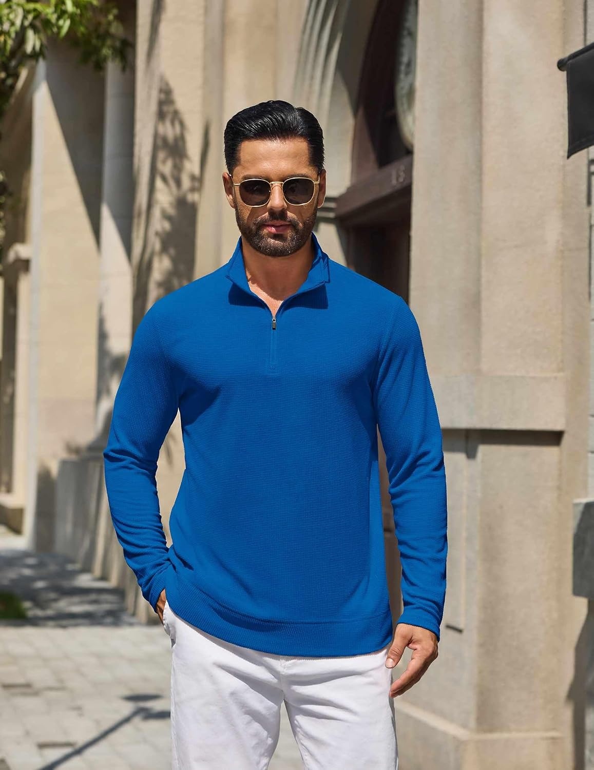 image:imageCOOFANDY Mens Quarter Zip Pullover Lightweight Waffle Mock Neck SweatshirtsBlue