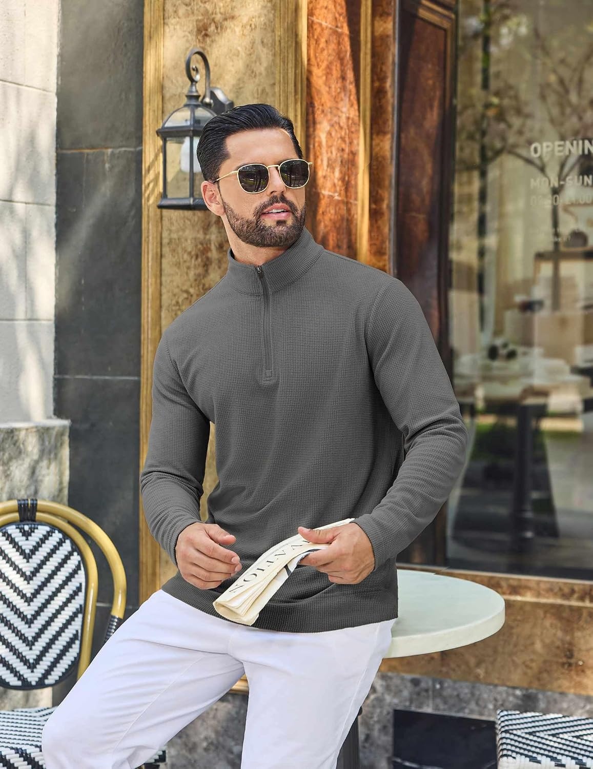image:imageCOOFANDY Mens Quarter Zip Pullover Lightweight Waffle Mock Neck SweatshirtsDark Grey