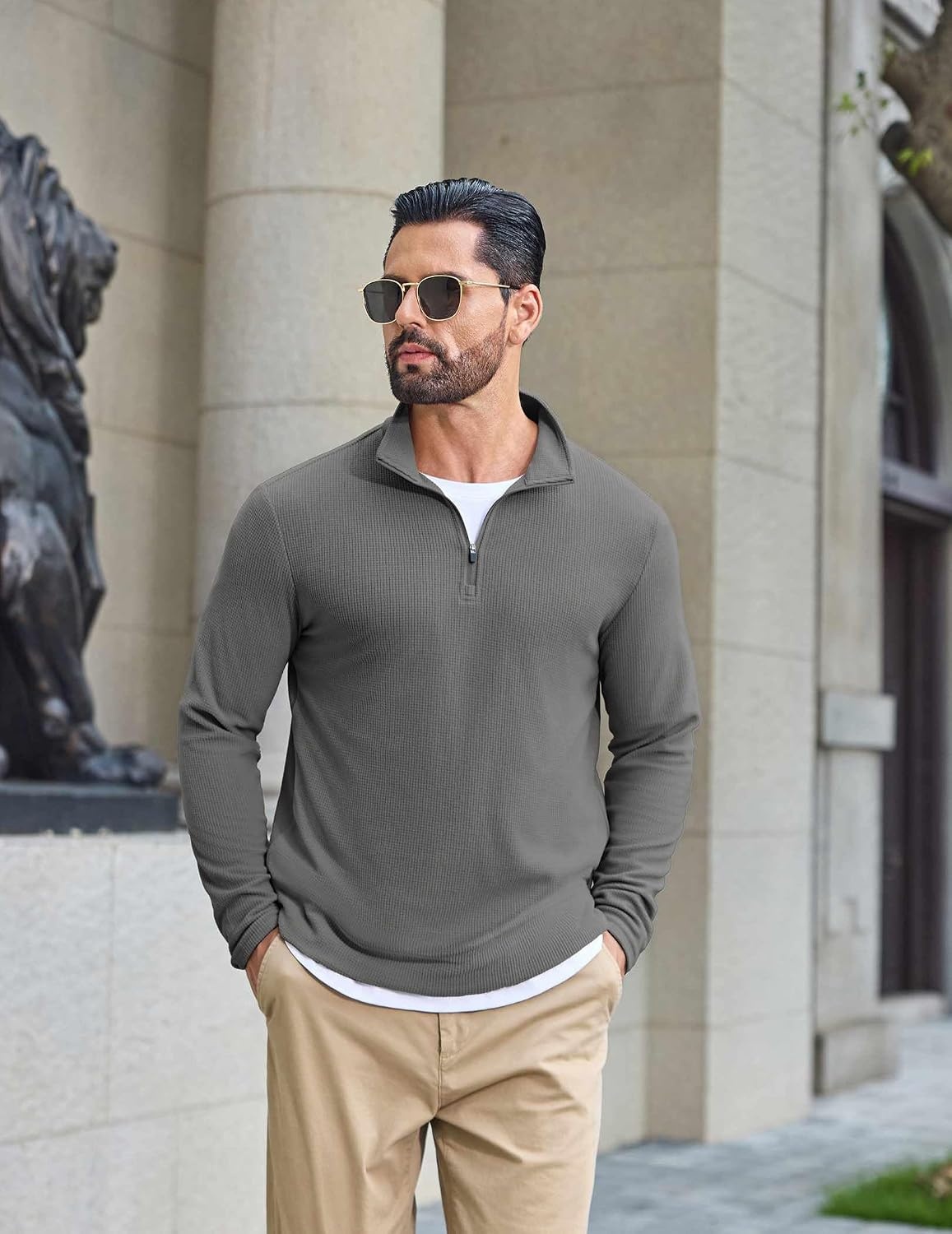 image:imageCOOFANDY Mens Quarter Zip Pullover Lightweight Waffle Mock Neck SweatshirtsDark Grey