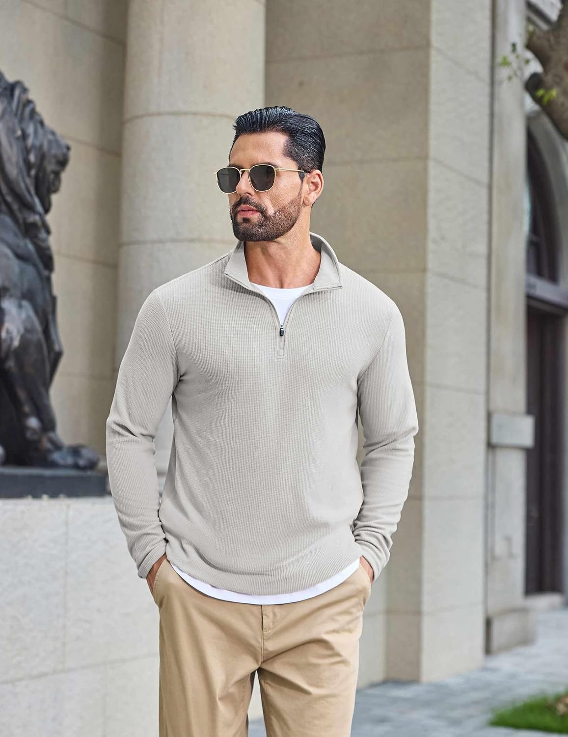 image:imageCOOFANDY Mens Quarter Zip Pullover Lightweight Waffle Mock Neck SweatshirtsLight Grey
