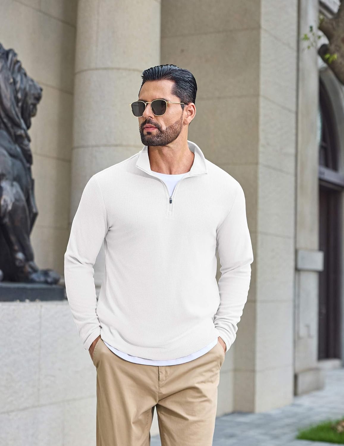 image:imageCOOFANDY Mens Quarter Zip Pullover Lightweight Waffle Mock Neck SweatshirtsWhite