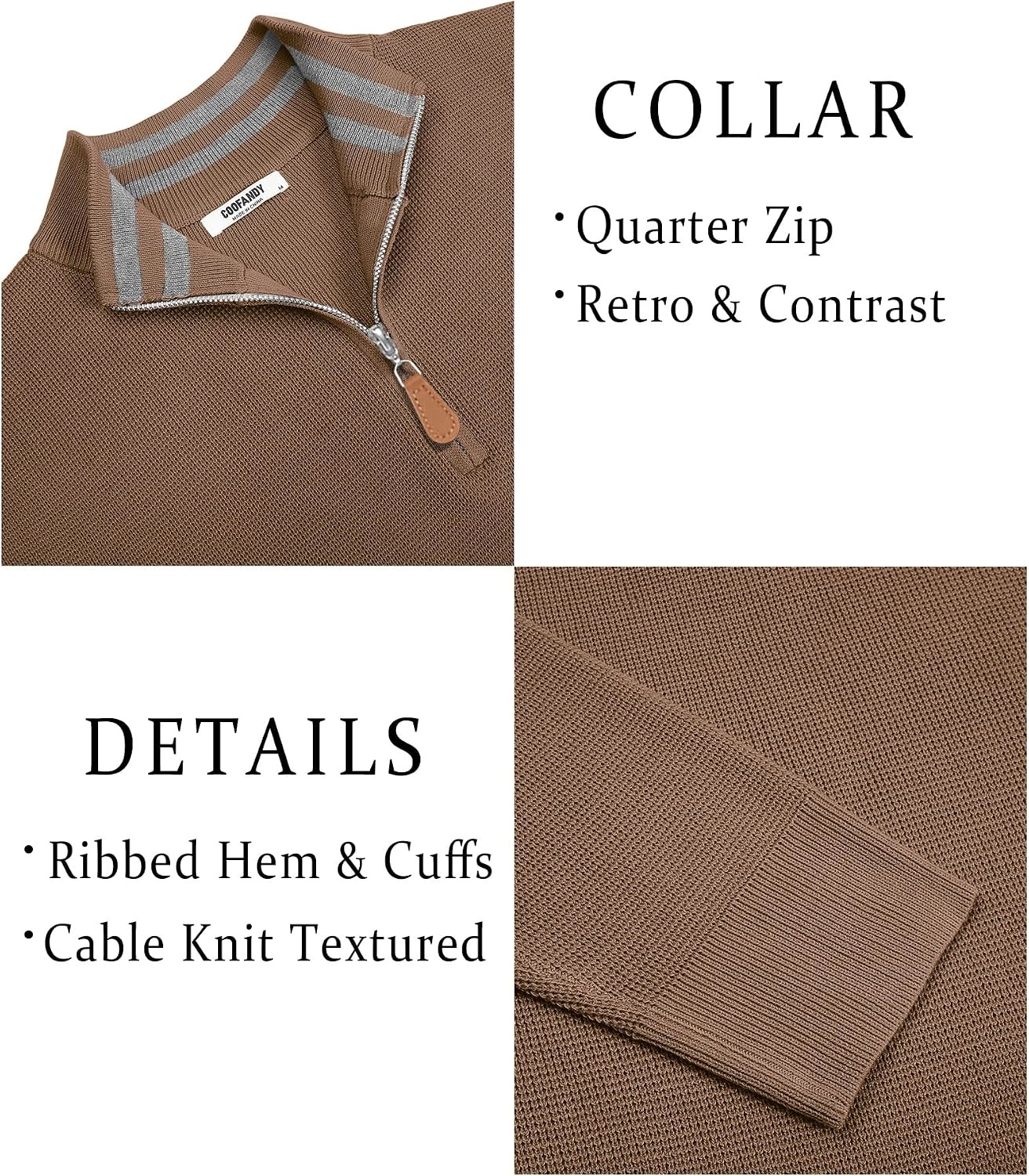 image:imageCOOFANDY Mens Quarter Zip Pullover Sweater Casual Mock Neck Knit PoloAsh Brown