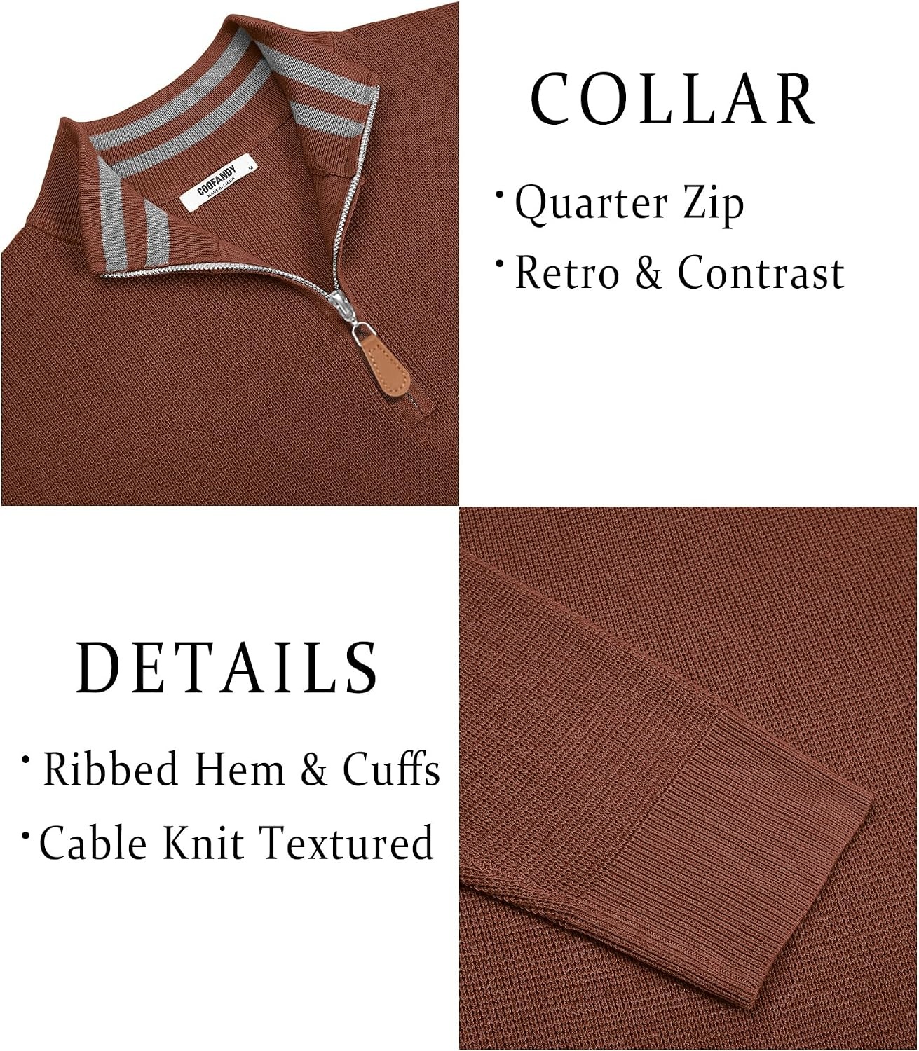 image:imageCOOFANDY Mens Quarter Zip Pullover Sweater Casual Mock Neck Knit PoloBrown