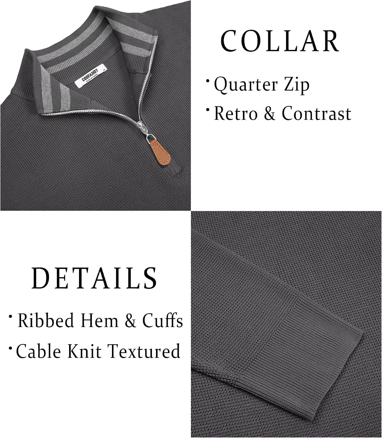 image:imageCOOFANDY Mens Quarter Zip Pullover Sweater Casual Mock Neck Knit PoloDark Gray