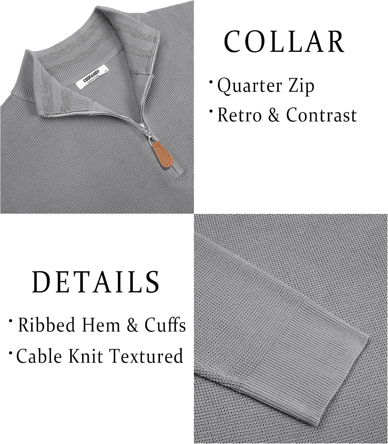 image:imageCOOFANDY Mens Quarter Zip Pullover Sweater Casual Mock Neck Knit PoloLight Gray