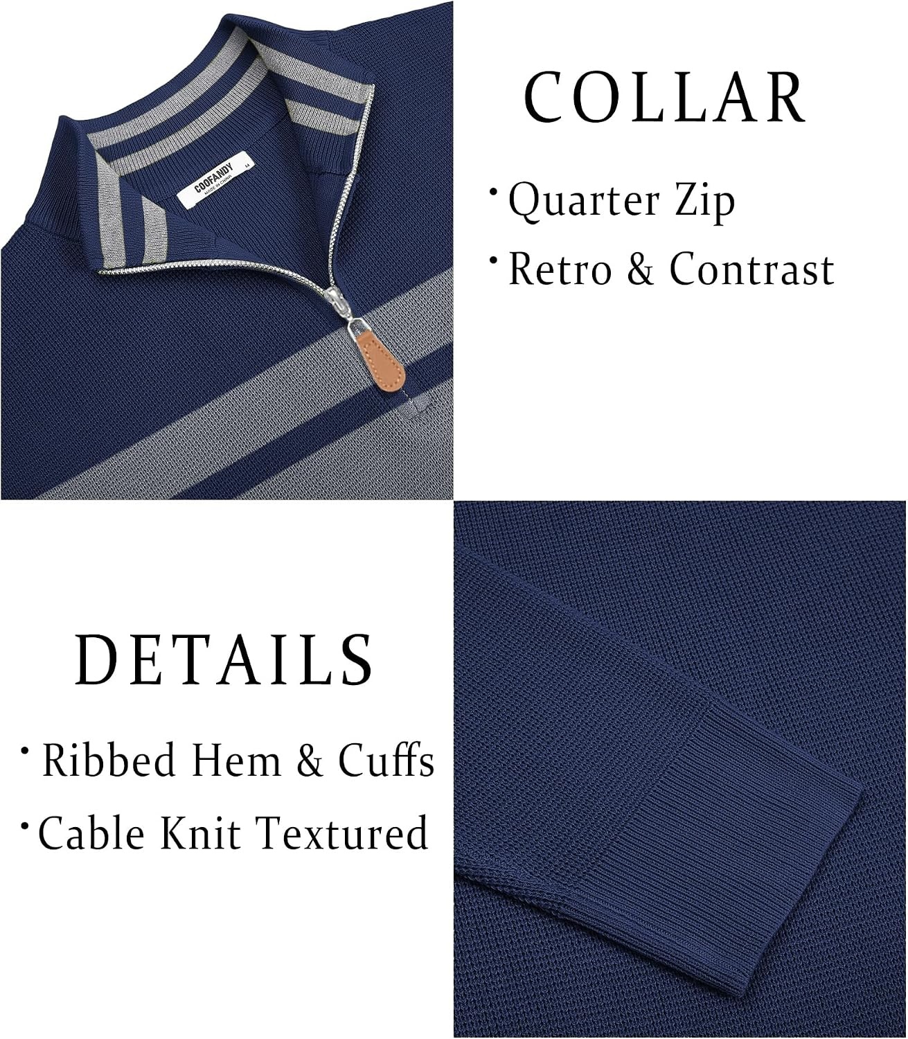 image:imageCOOFANDY Mens Quarter Zip Pullover Sweater Casual Mock Neck Knit PoloNavy Bluegrey