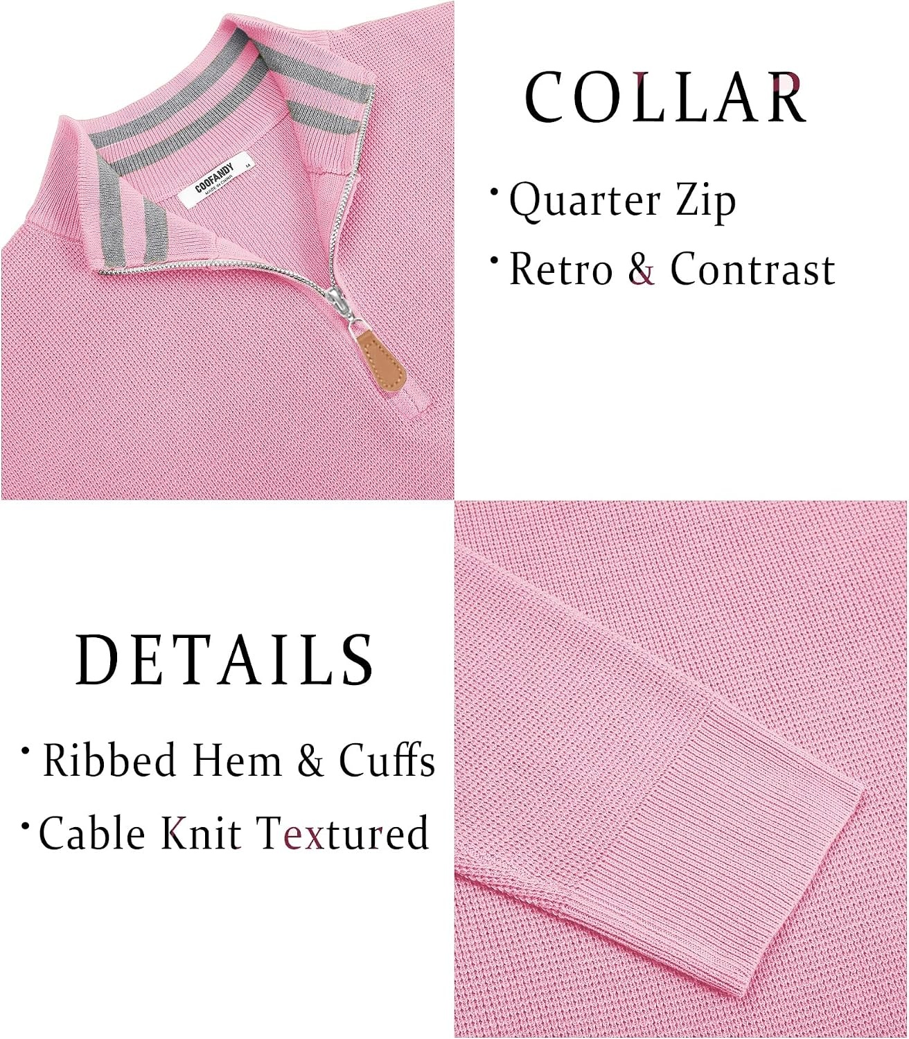 image:imageCOOFANDY Mens Quarter Zip Pullover Sweater Casual Mock Neck Knit PoloPink