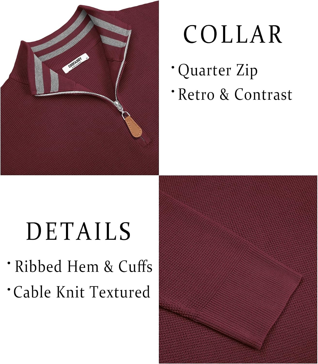 image:imageCOOFANDY Mens Quarter Zip Pullover Sweater Casual Mock Neck Knit PoloRed