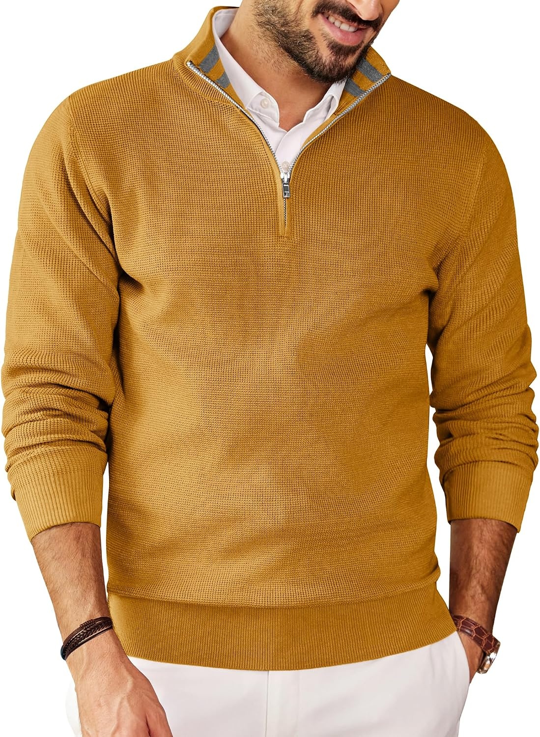 image:imageCOOFANDY Mens Quarter Zip Pullover Sweater Casual Mock Neck Knit PoloYellow