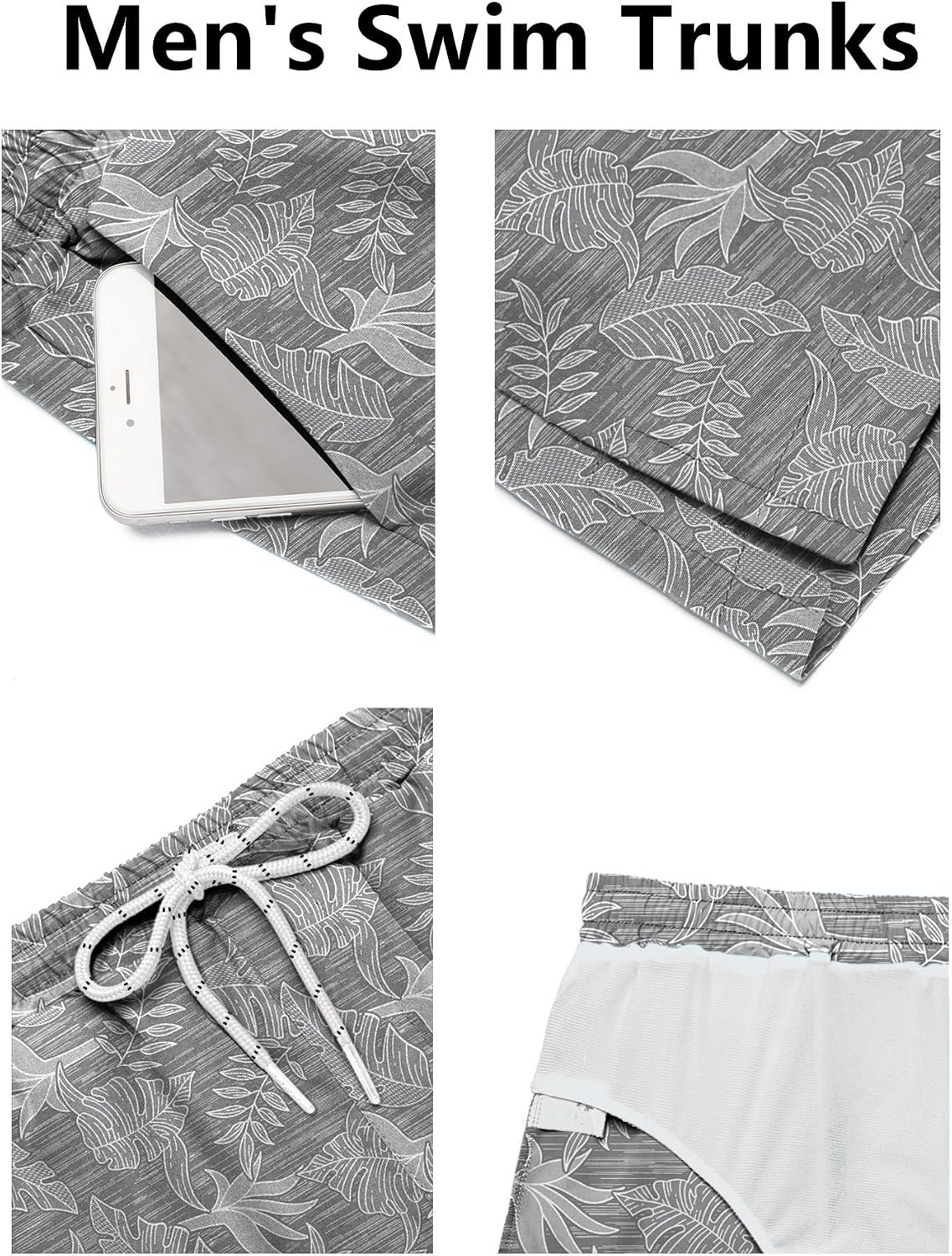 image:imageCOOFANDY Mens Swim Trunks Quick Dry Board Shorts Swimwear Bathing SuitP Grey Leaf