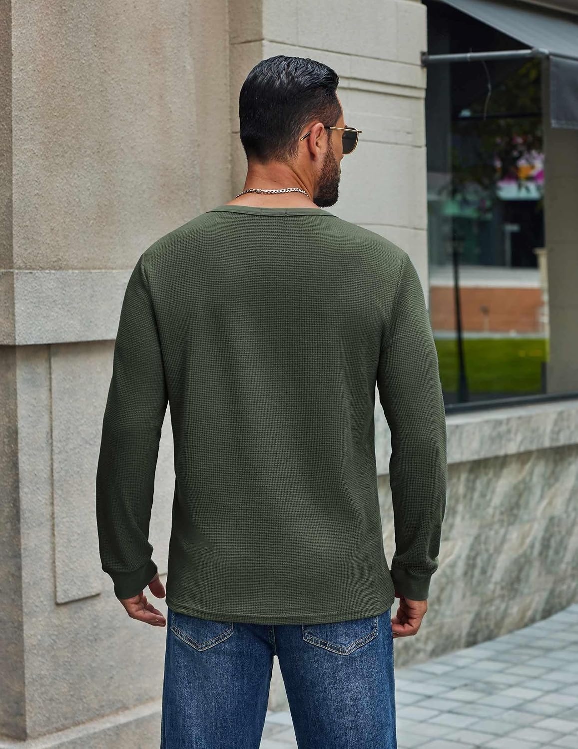 image:imageCOOFANDY Mens Waffle Long Sleeve Shirt Crew Neck Cotton Blend Basic T ShirtArmy Green
