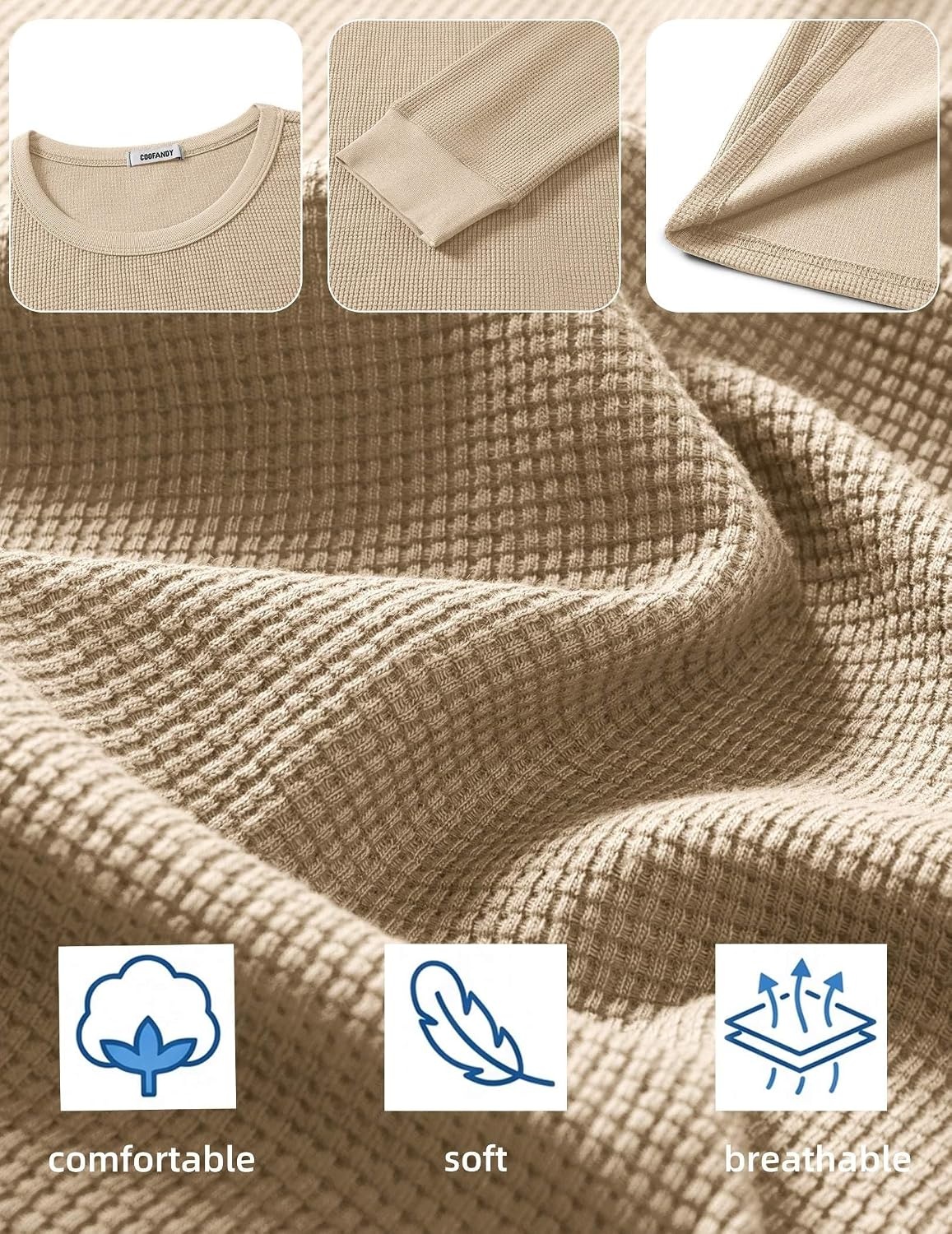 image:imageCOOFANDY Mens Waffle Long Sleeve Shirt Crew Neck Cotton Blend Basic T ShirtBeige
