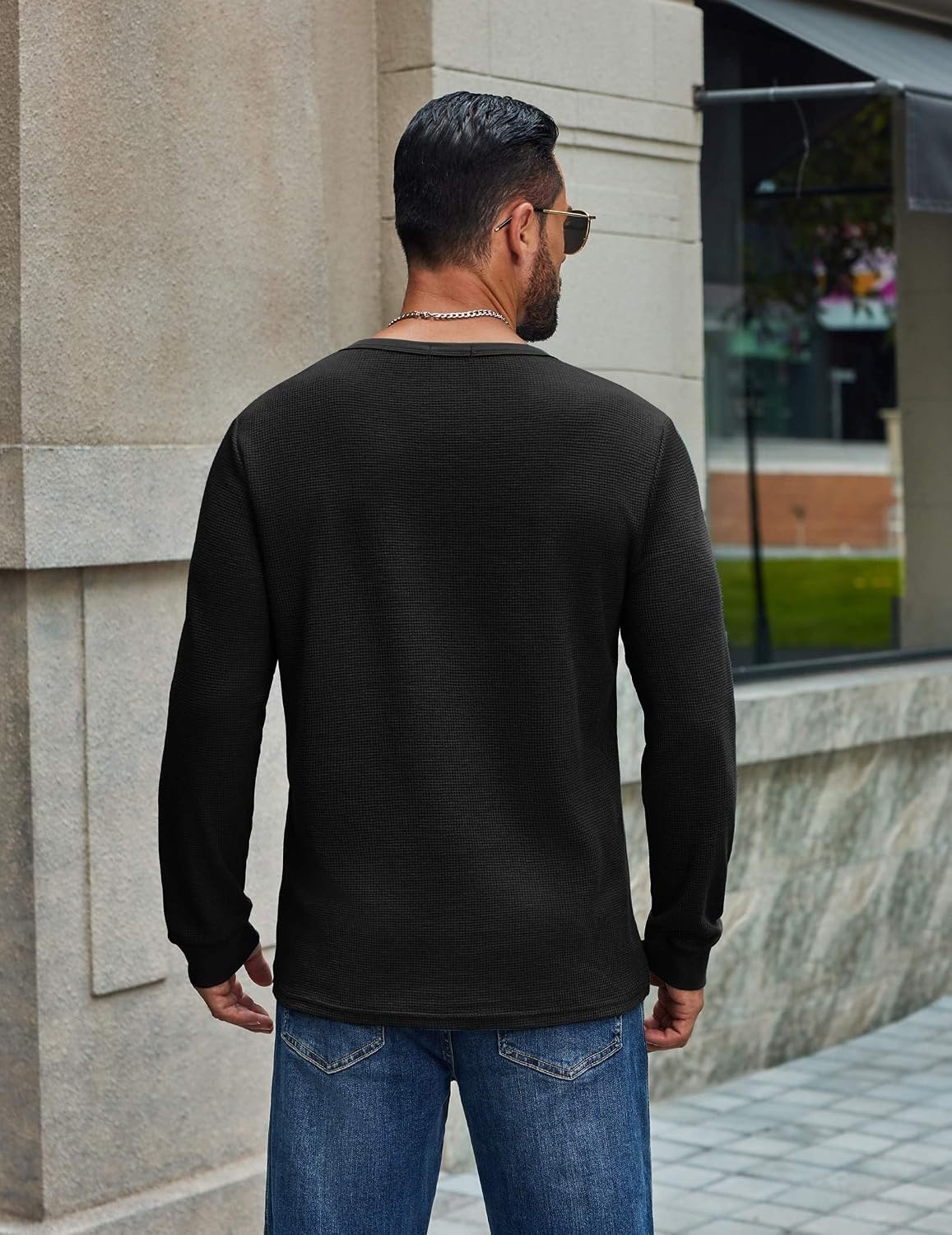 image:imageCOOFANDY Mens Waffle Long Sleeve Shirt Crew Neck Cotton Blend Basic T ShirtBlack
