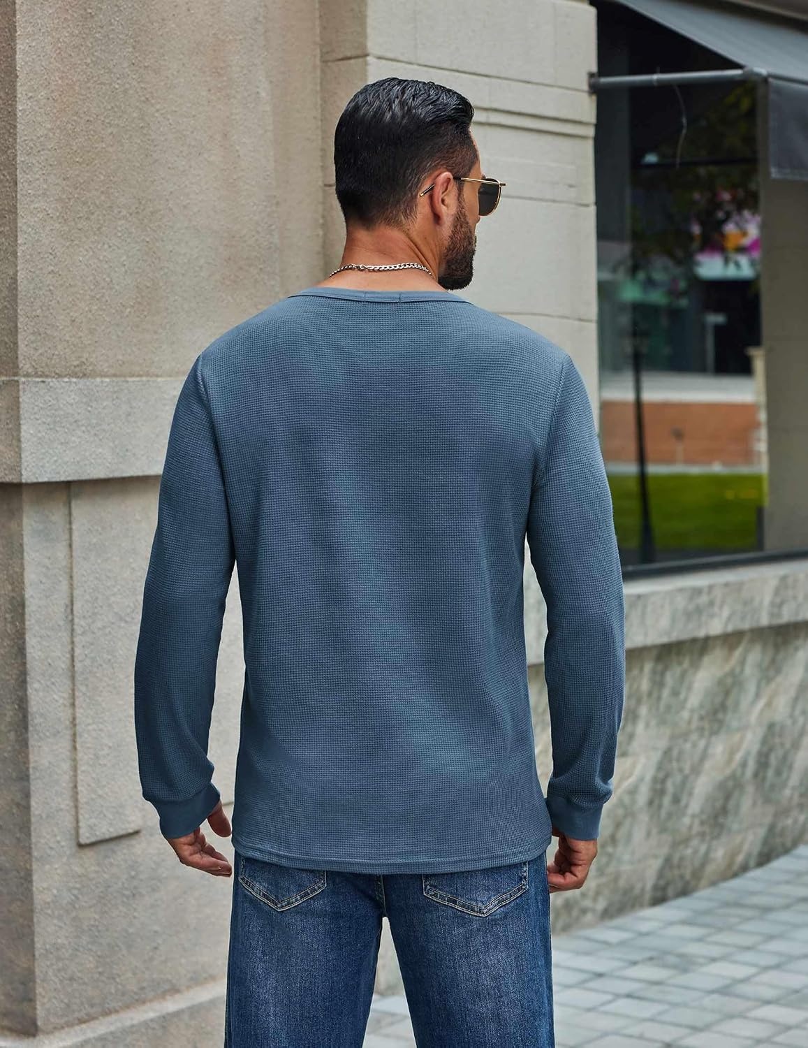 image:imageCOOFANDY Mens Waffle Long Sleeve Shirt Crew Neck Cotton Blend Basic T ShirtIndigo