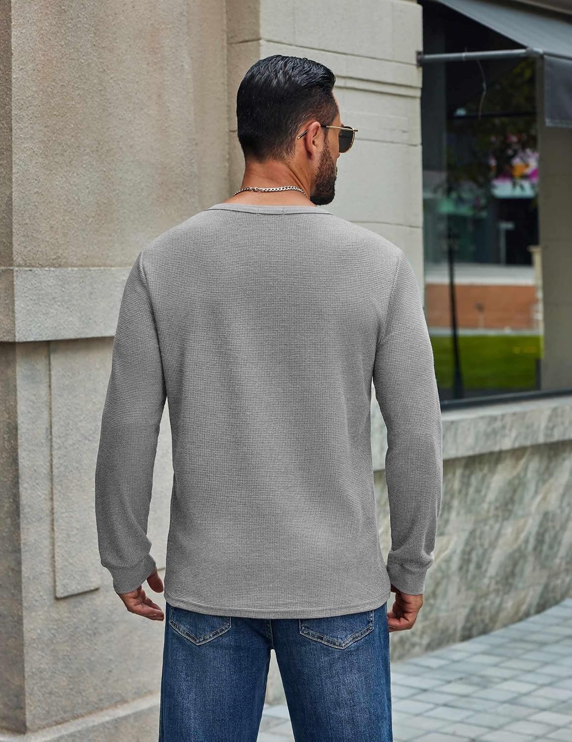 image:imageCOOFANDY Mens Waffle Long Sleeve Shirt Crew Neck Cotton Blend Basic T ShirtLight Gray