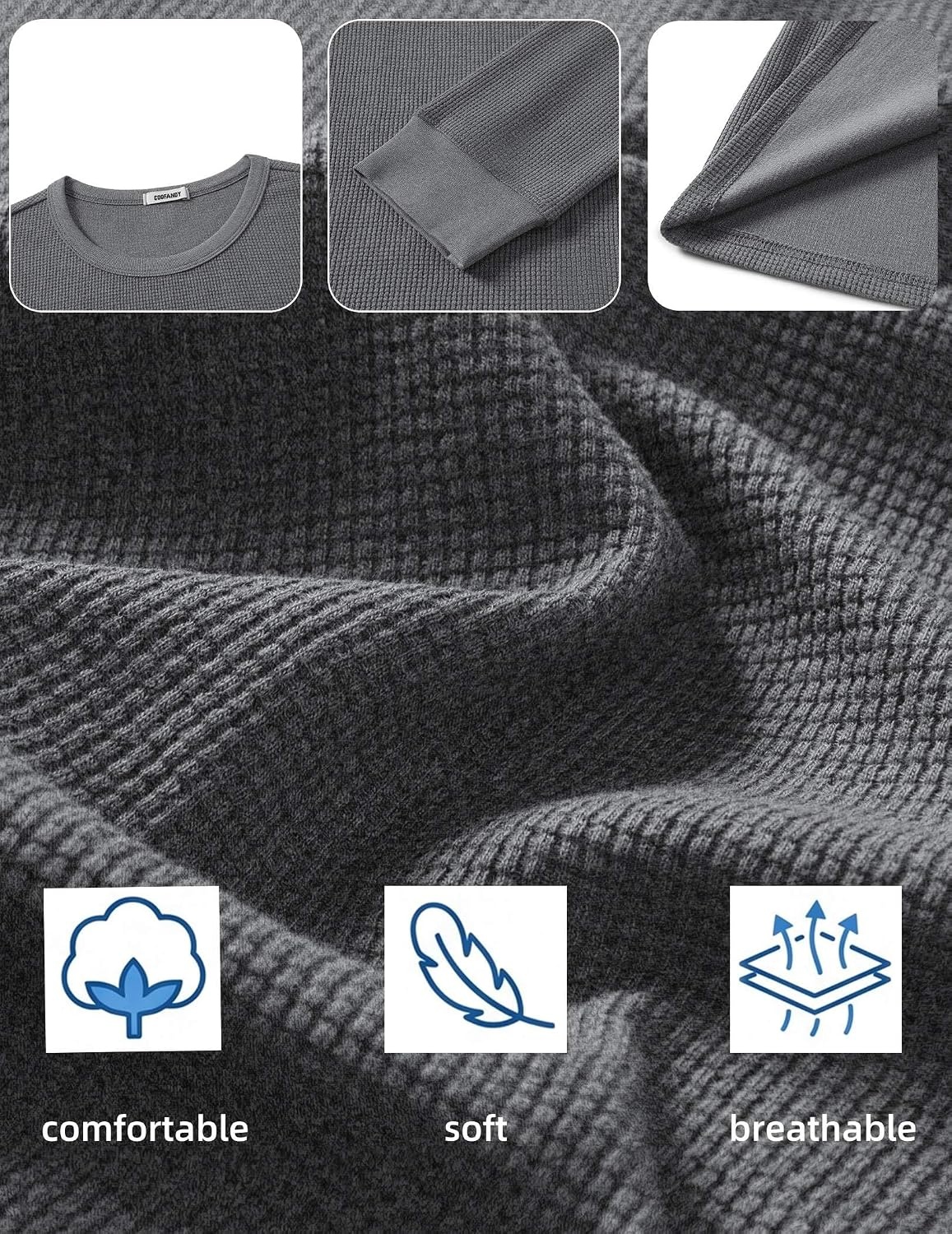 image:imageCOOFANDY Mens Waffle Long Sleeve Shirt Crew Neck Cotton Blend Basic T ShirtMedium Gray