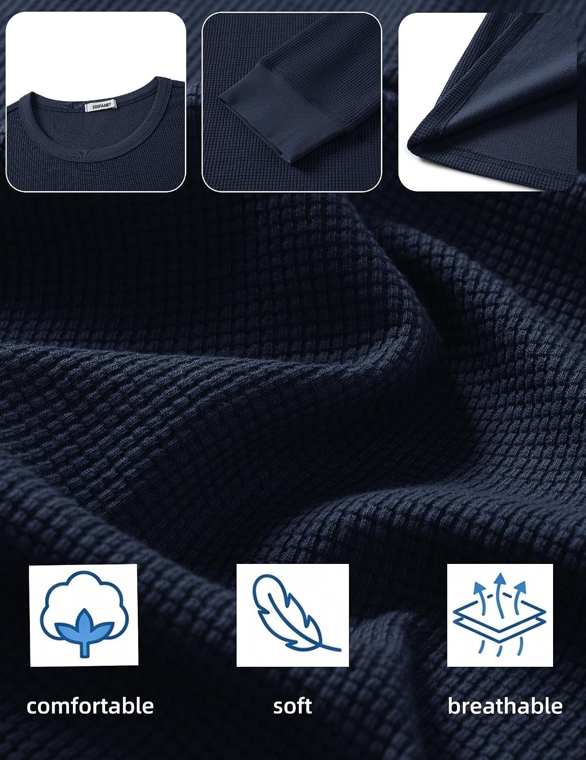 image:imageCOOFANDY Mens Waffle Long Sleeve Shirt Crew Neck Cotton Blend Basic T ShirtNavy Blue