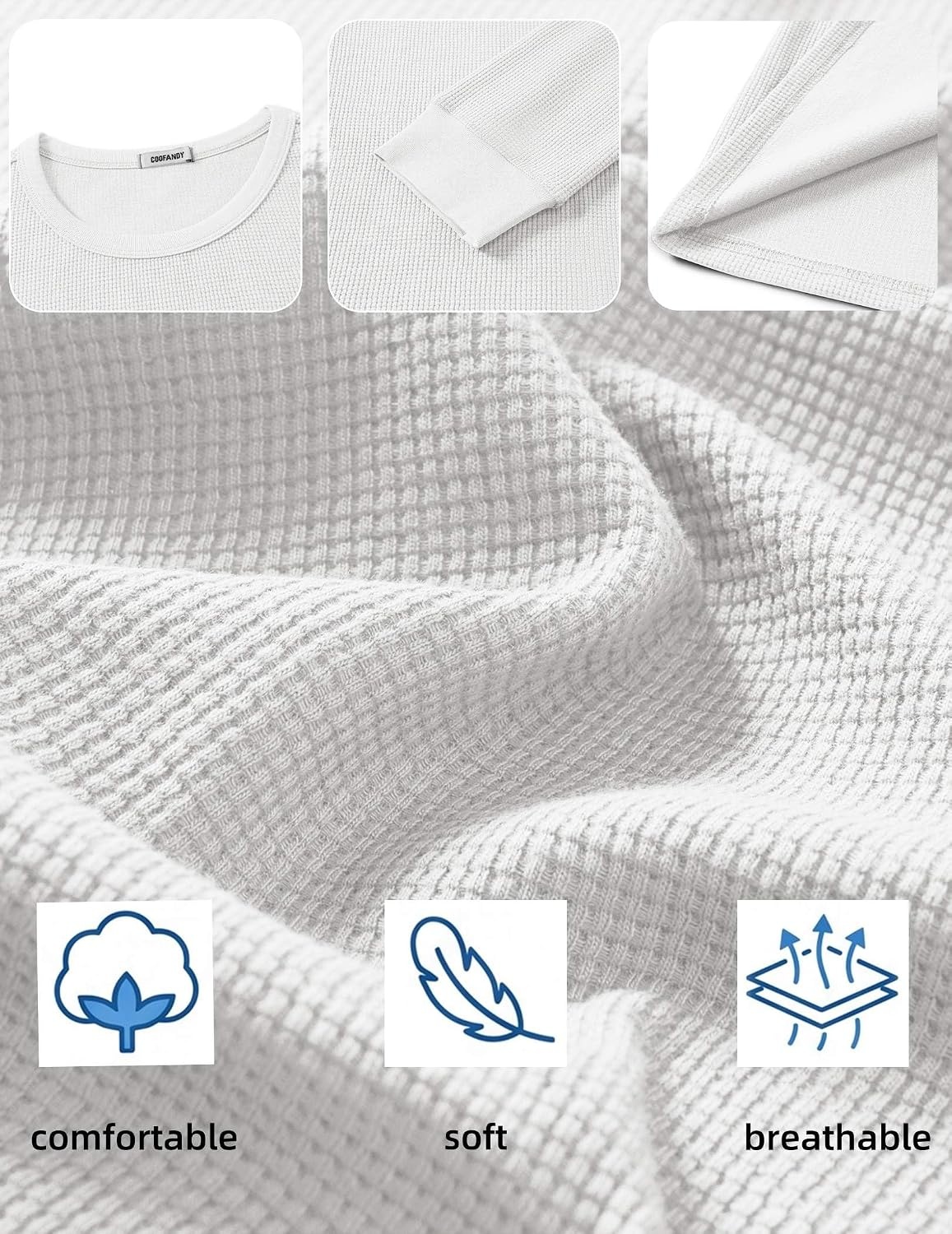 image:imageCOOFANDY Mens Waffle Long Sleeve Shirt Crew Neck Cotton Blend Basic T ShirtWhite