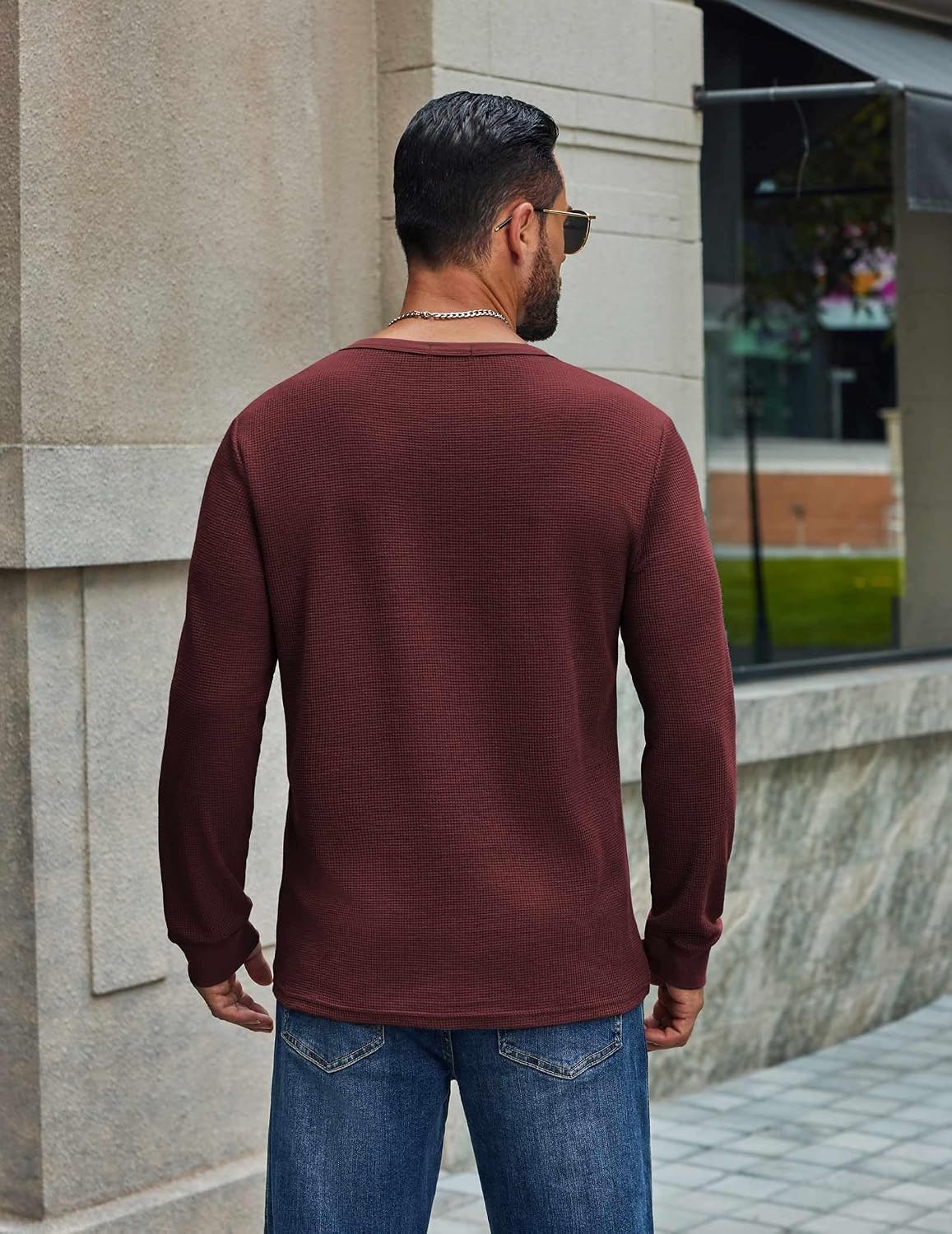 image:imageCOOFANDY Mens Waffle Long Sleeve Shirt Crew Neck Cotton Blend Basic T ShirtWine Red