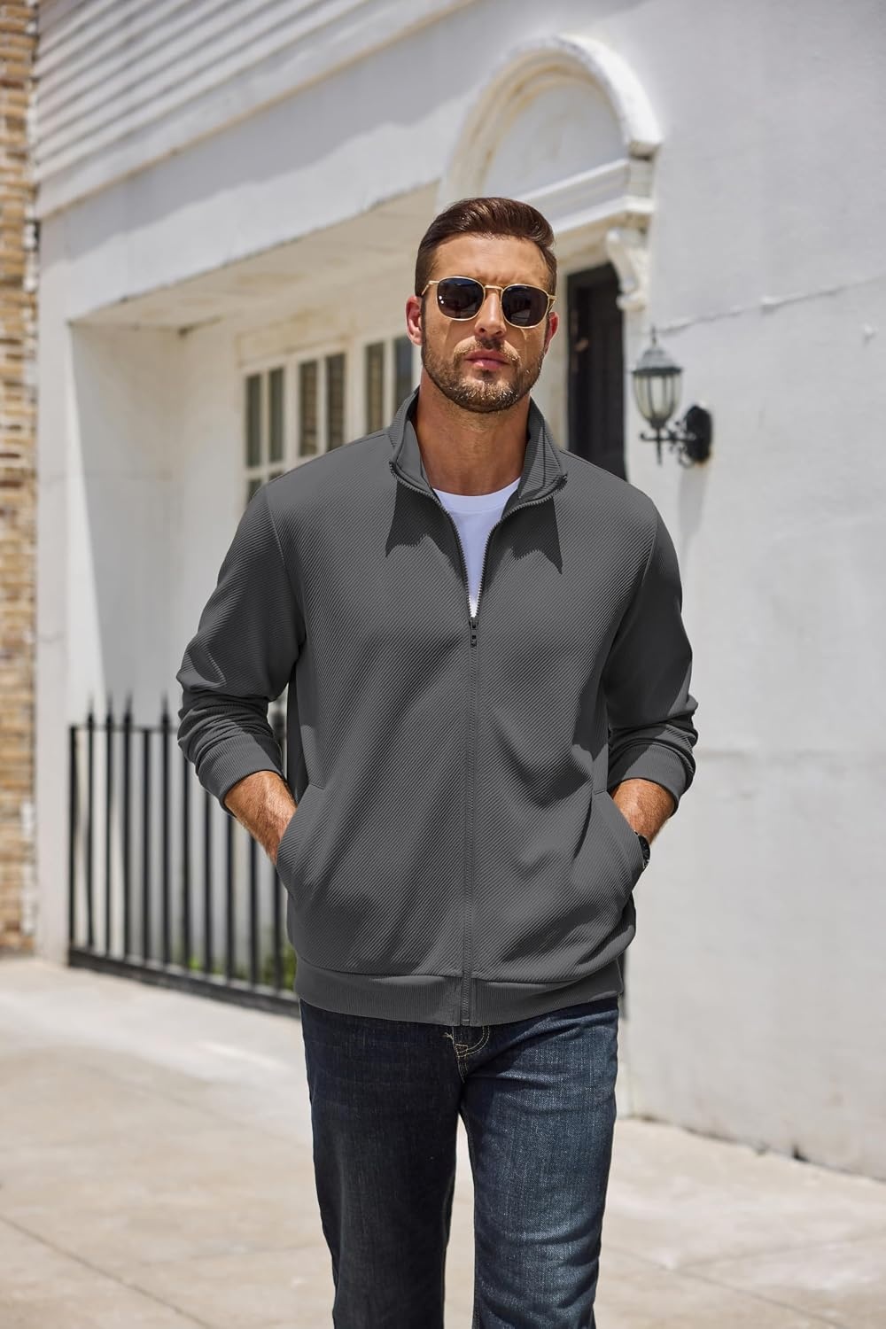 image:imageCOOFANDY Mens Zip Up Sweatshirt Casual Lightweight Jackets Full Zip SweaterDark Grey