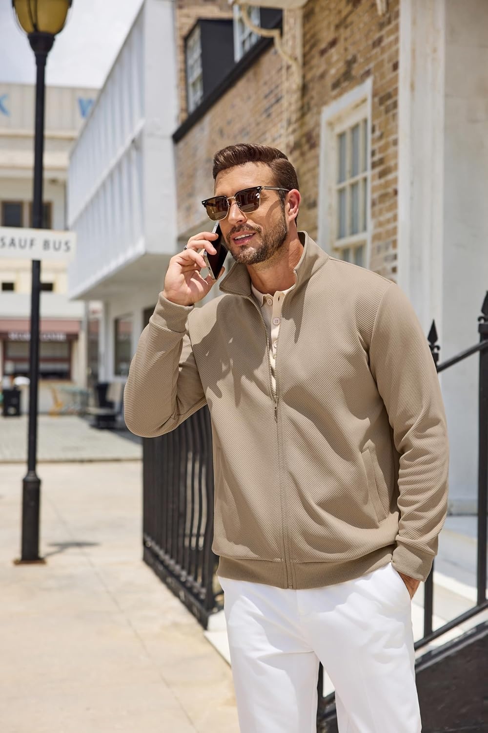image:imageCOOFANDY Mens Zip Up Sweatshirt Casual Lightweight Jackets Full Zip SweaterKhaki