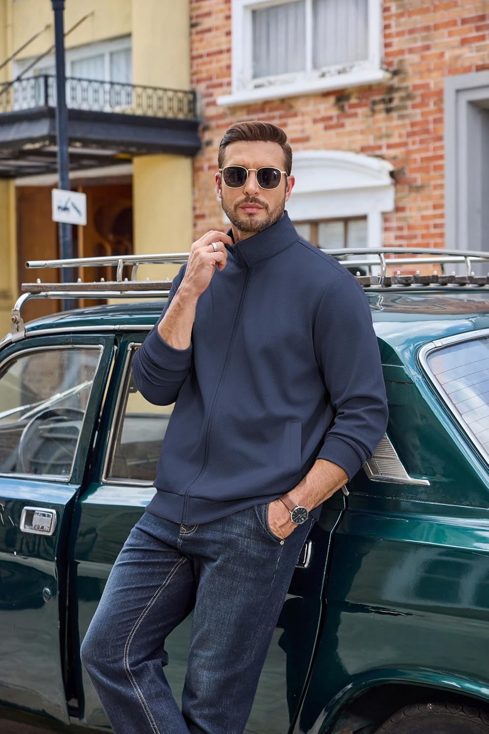 image:imageCOOFANDY Mens Zip Up Sweatshirt Casual Lightweight Jackets Full Zip SweaterNavy Blue