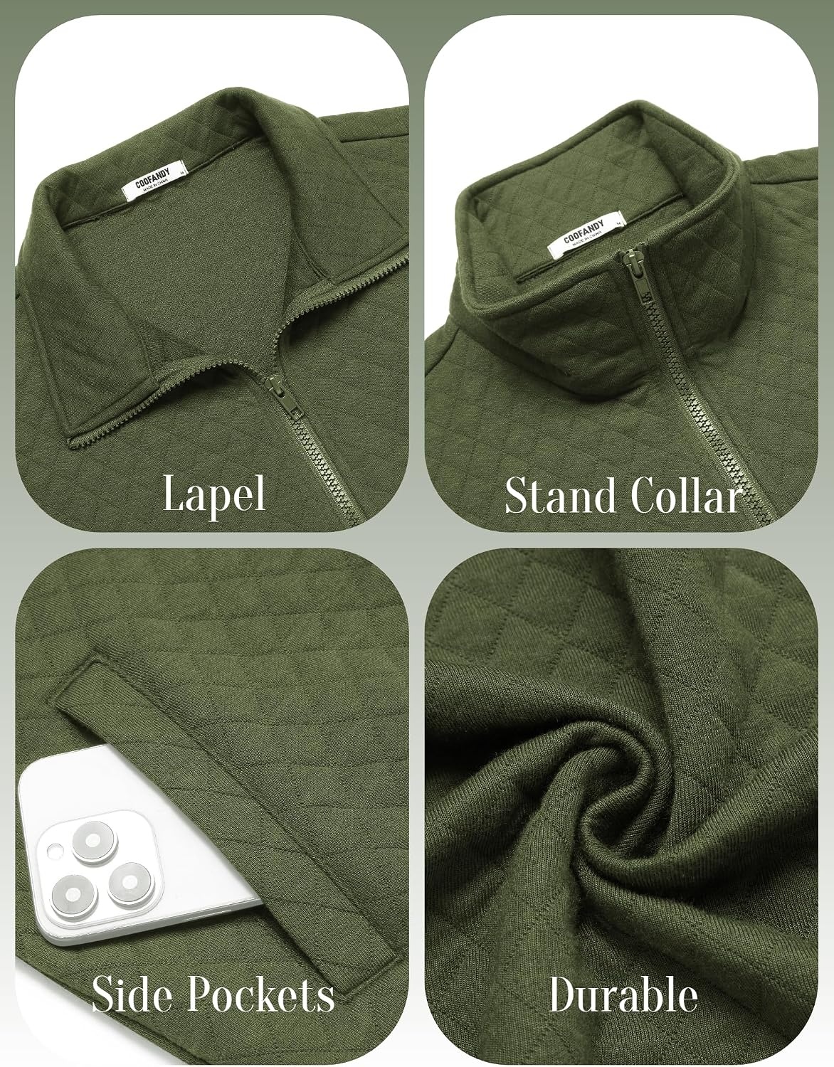 image:imageCOOFANDY Mens Zip Up Sweatshirt Quilted Fall Sweater Jackets Casual StylishArmy Green