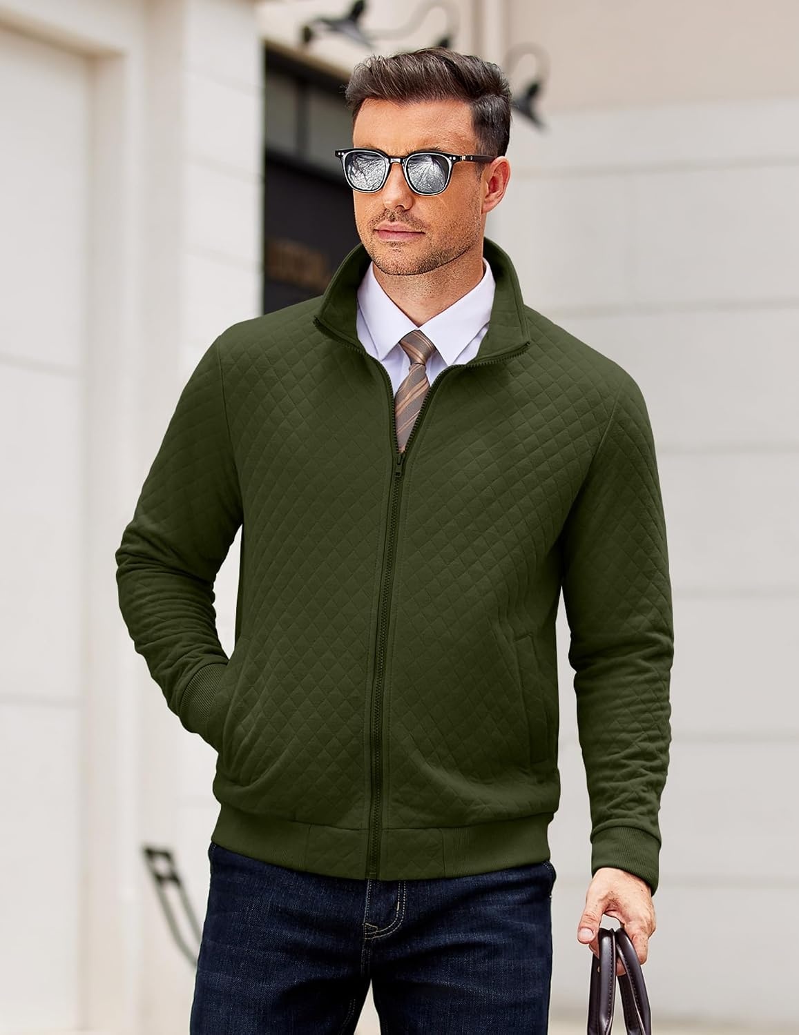 image:imageCOOFANDY Mens Zip Up Sweatshirt Quilted Fall Sweater Jackets Casual StylishArmy Green