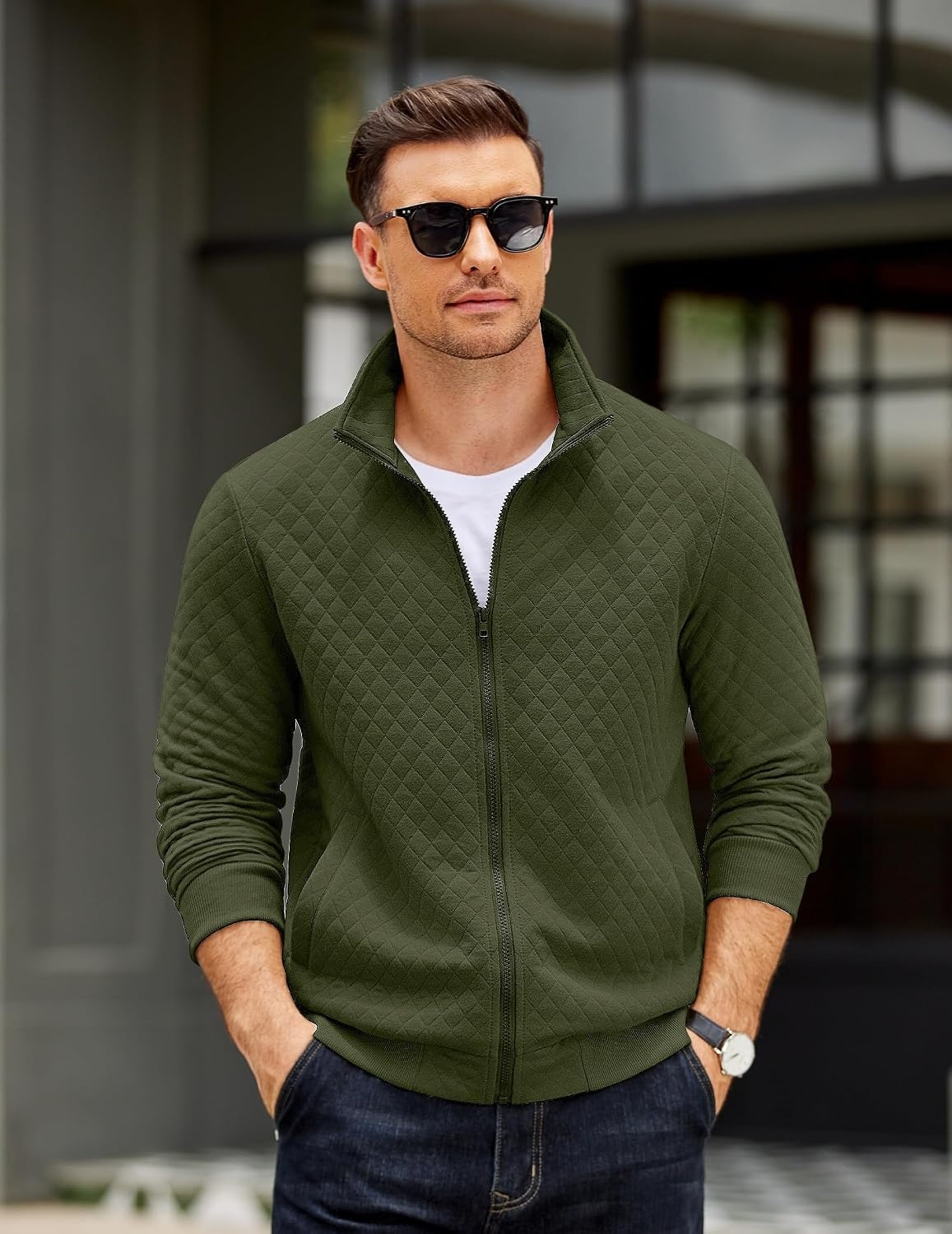 image:imageCOOFANDY Mens Zip Up Sweatshirt Quilted Fall Sweater Jackets Casual StylishArmy Green