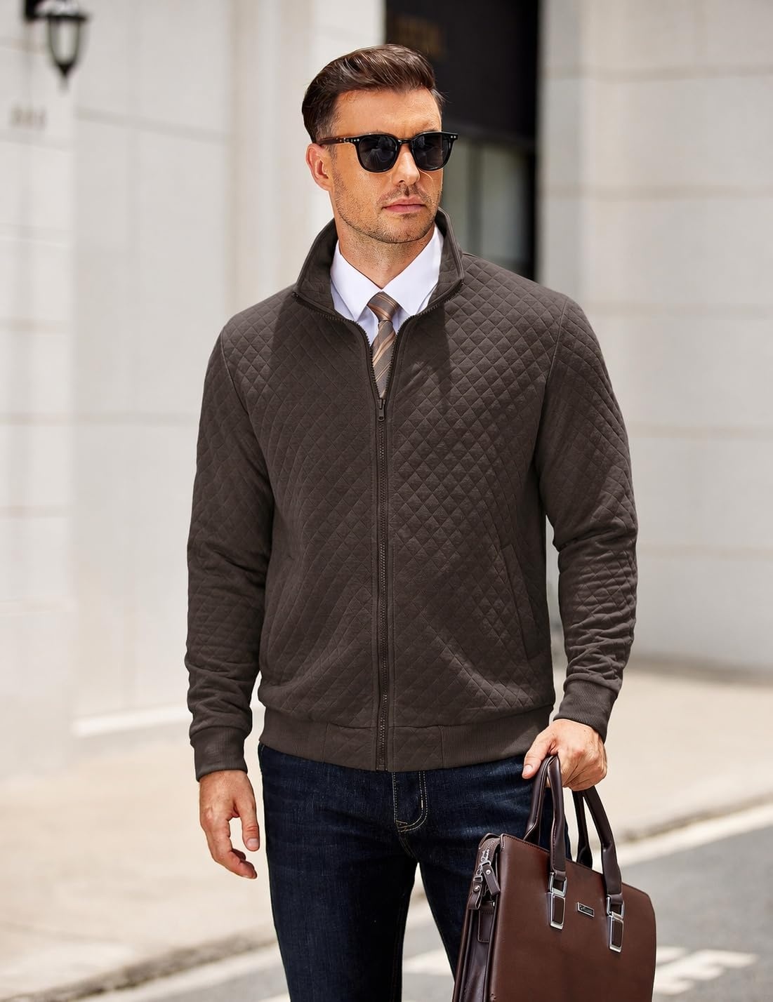 image:imageCOOFANDY Mens Zip Up Sweatshirt Quilted Fall Sweater Jackets Casual StylishChocolate Brown