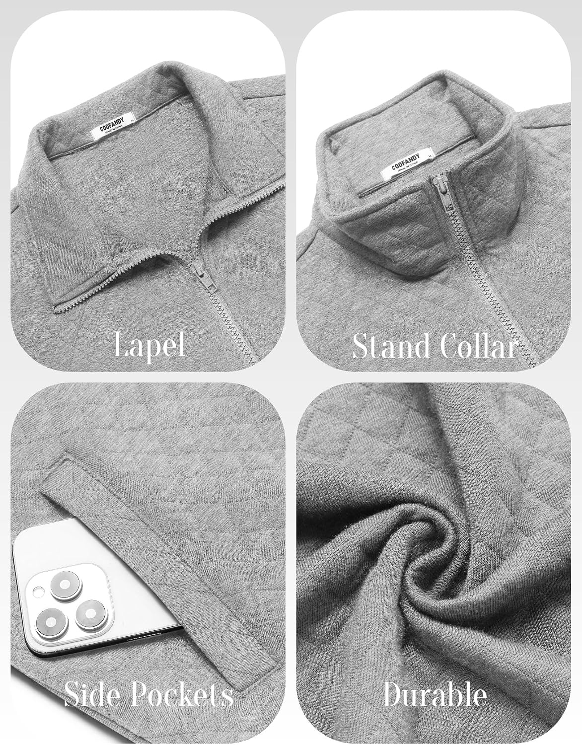 image:imageCOOFANDY Mens Zip Up Sweatshirt Quilted Fall Sweater Jackets Casual StylishLight Grey