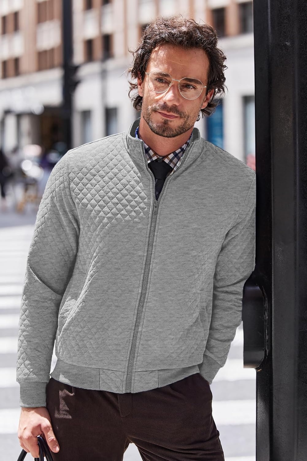 image:imageCOOFANDY Mens Zip Up Sweatshirt Quilted Fall Sweater Jackets Casual StylishLight Grey