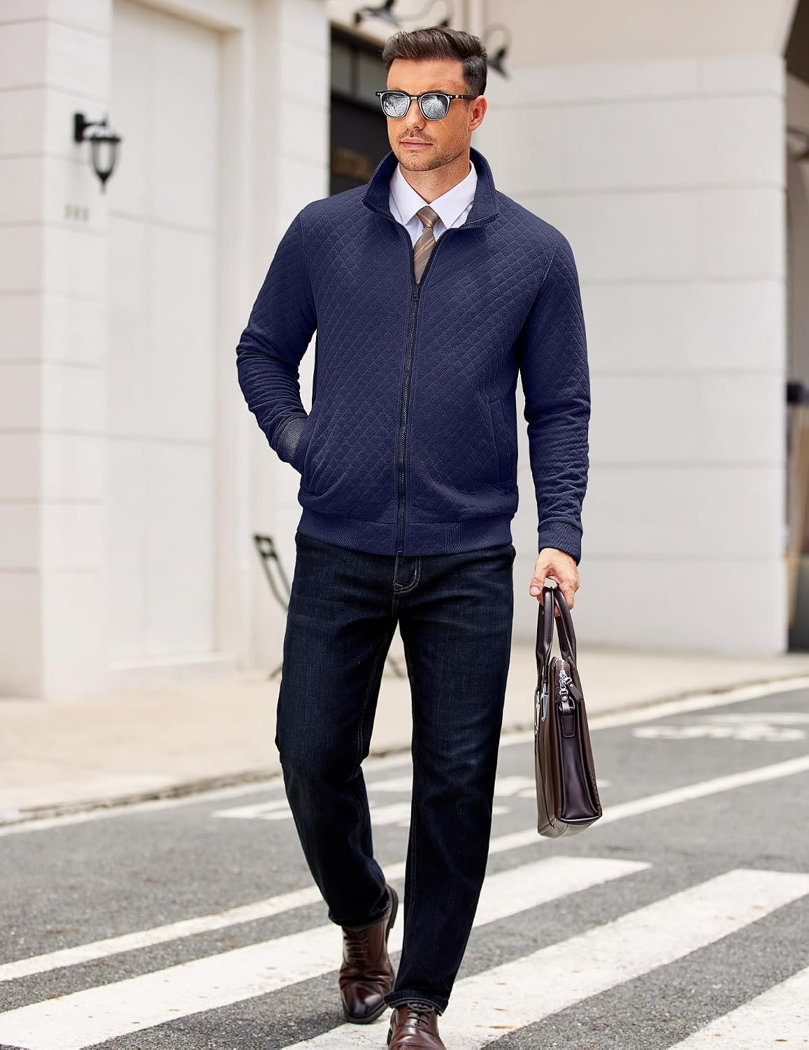 image:imageCOOFANDY Mens Zip Up Sweatshirt Quilted Fall Sweater Jackets Casual StylishNavy Blue