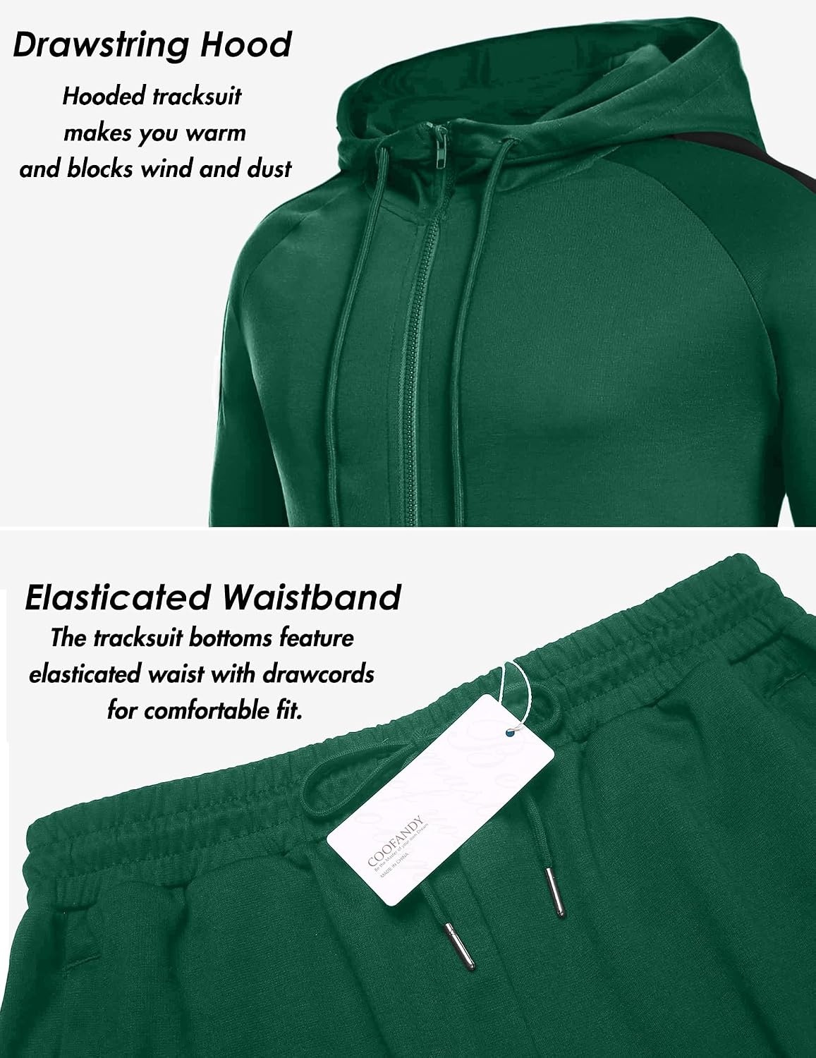 image:imageCOOFANDY Tracksuit Mens Full Zip Hoodie Sweatsuit 2 Set with Zipper PocketGreen