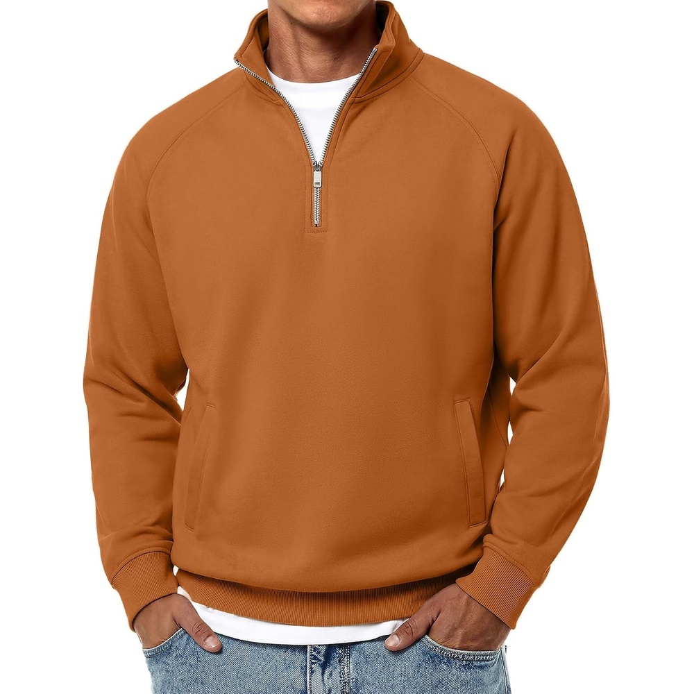 image:imageCOOFANDY Men Quarter Zip Pullover 14 Zip Mock Neck Fleece SweatshirtLight Brown