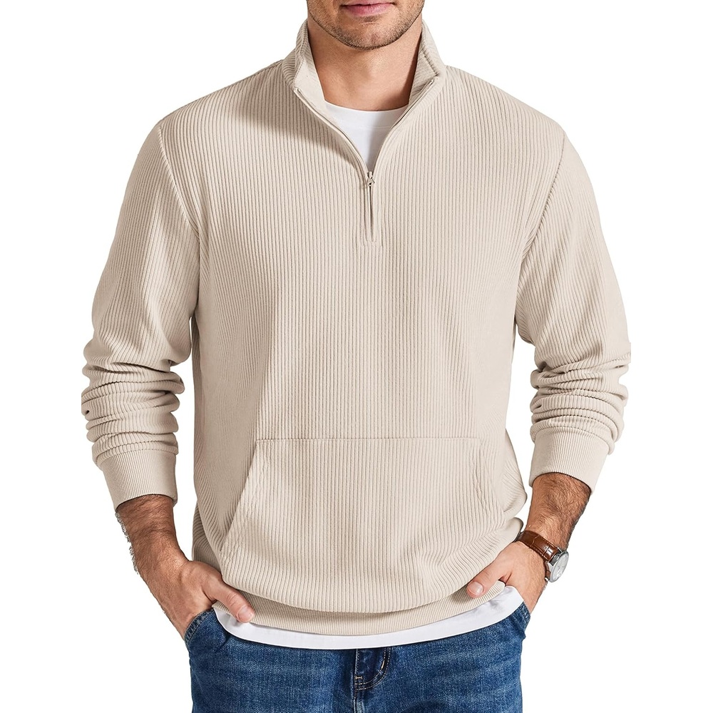 image:imageCOOFANDY Men Quarter Zip Pullover Mock Neck Long Sleeve Corduroy SweatshirtBeige
