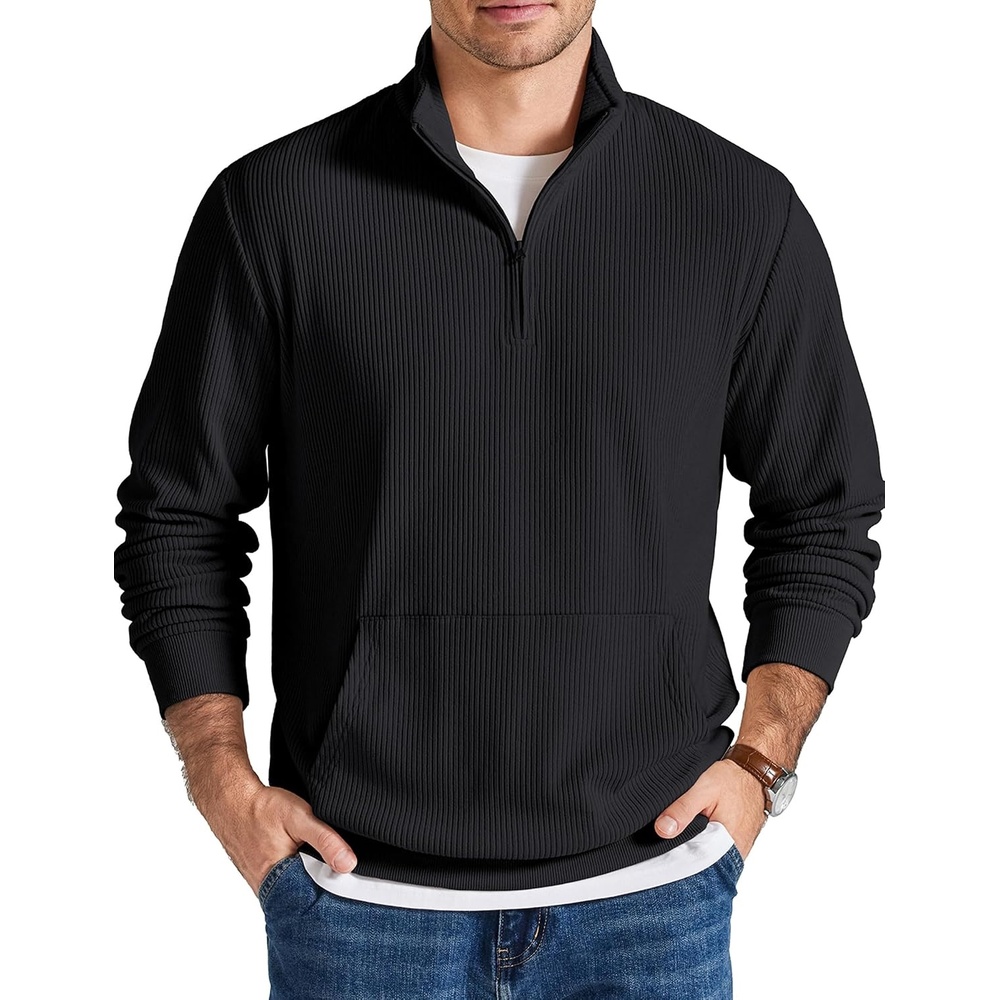 image:imageCOOFANDY Men Quarter Zip Pullover Mock Neck Long Sleeve Corduroy SweatshirtBlack