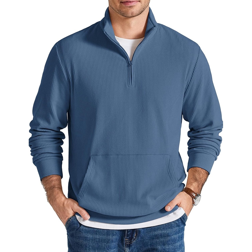 image:imageCOOFANDY Men Quarter Zip Pullover Mock Neck Long Sleeve Corduroy SweatshirtBlue